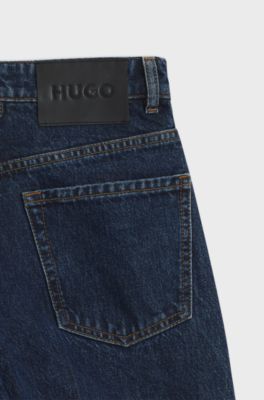 Wide-leg jeans in blue denim with front pleats, Dark Blue