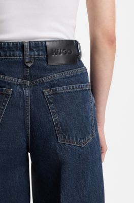 Jeans a gamba larga in denim blu con pince sulla parte anteriore, Blu scuro