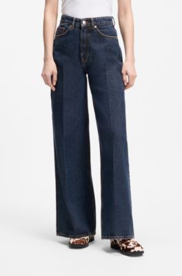 Wide-leg jeans in blue denim with front pleats, Dark Blue