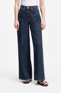 Wide-leg jeans in blue denim with front pleats, Dark Blue