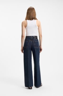 Wide-leg jeans in blue denim with front pleats, Dark Blue