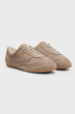 Suede trainers with stacked logo, Light Brown