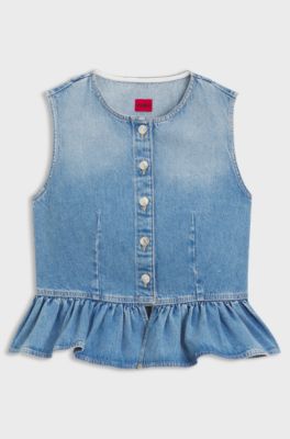 Regular-fit sleeveless blouse in denim with peplum hem, Blue