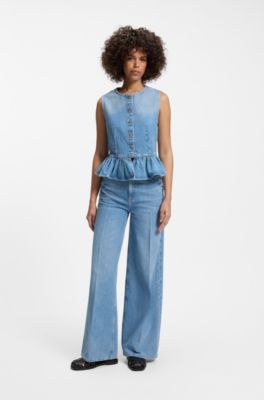 Regular-fit sleeveless blouse in denim with peplum hem, Blue