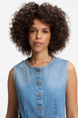 &Auml;rmellose Regular-Fit Bluse aus Denim mit Sch&ouml;&szlig;chen, Blau