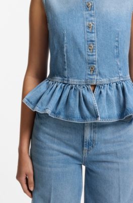 Regular-fit sleeveless blouse in denim with peplum hem, Blue
