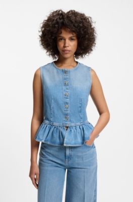 Regular-fit sleeveless blouse in denim with peplum hem, Blue