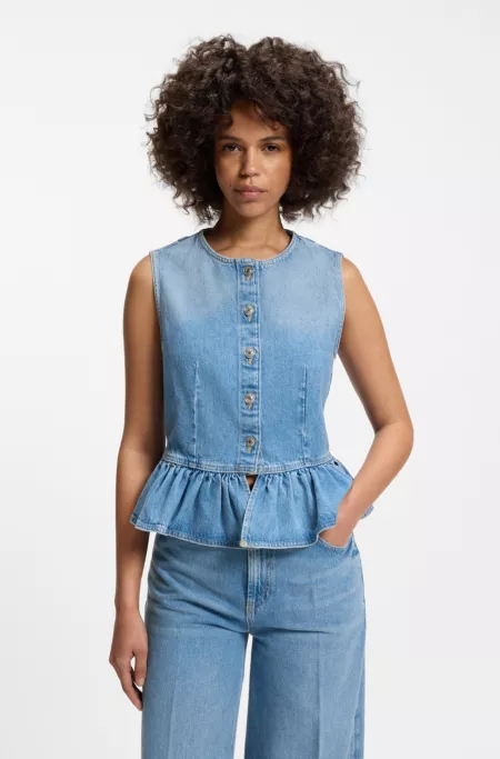 Regular-fit sleeveless blouse in denim with peplum hem