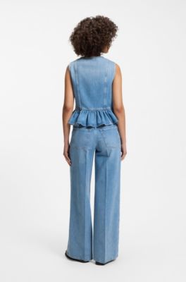 Regular-fit sleeveless blouse in denim with peplum hem, Blue