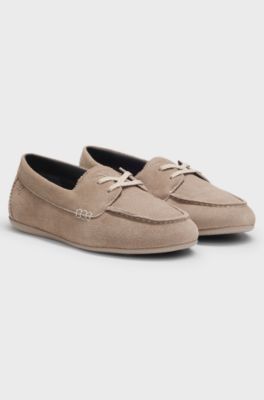 Suede boat shoes with stacked logo, Light Brown