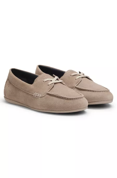 Suede boat shoes with stacked logo