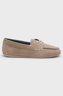 Suede boat shoes with stacked logo, Light Brown