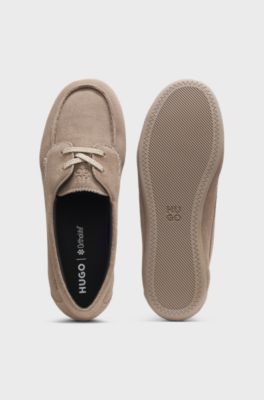 Suede boat shoes with stacked logo, Light Brown