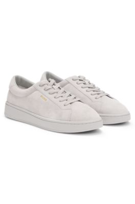 Suede trainers with gold-tone foil logo, Grey