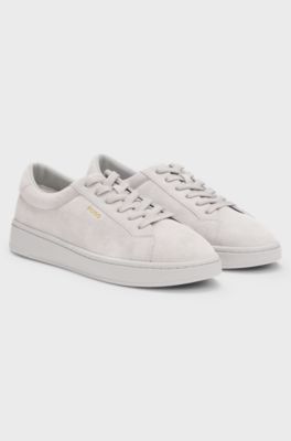 Suede trainers with gold-tone foil logo, Grey