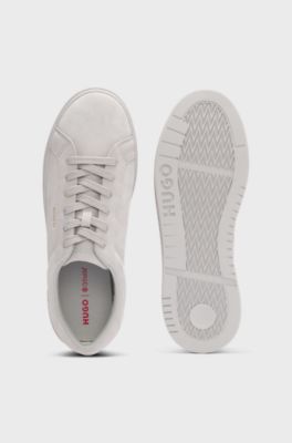 Suede trainers with gold-tone foil logo, Grey