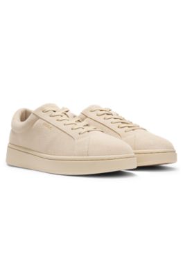 Suede trainers with gold-tone foil logo, Light Beige