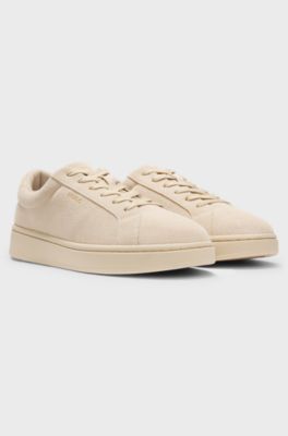 Sneakers in pelle scamosciata con logo dorato in lamina, Beige chiaro