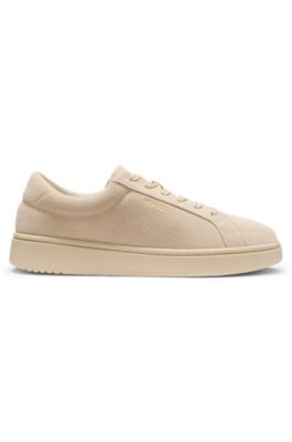 Suede trainers with gold-tone foil logo, Light Beige
