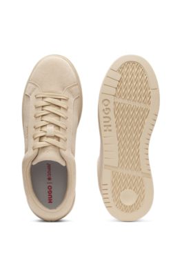 Suede trainers with gold-tone foil logo, Light Beige