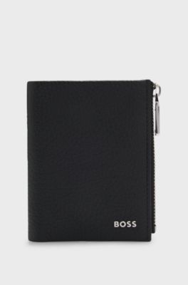 Grained-leather wallet with metallic logo lettering, Black