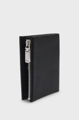Grained-leather wallet with metallic logo lettering, Black