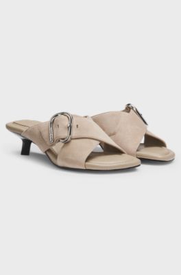 Suede mules with crossed buckled straps, Light Brown