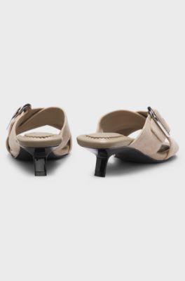 Suede mules with crossed buckled straps, Light Brown