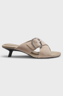 Suede mules with crossed buckled straps, Light Brown