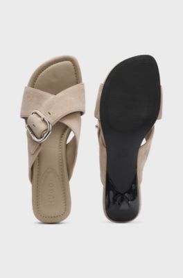 Suede mules with crossed buckled straps, Light Brown