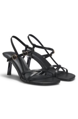 Strappy sandals in leather with asymmetric heel, Black
