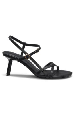 Strappy sandals in leather with asymmetric heel, Black