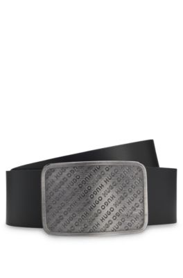 Leather belt with repeat-logo plaque buckle, Black