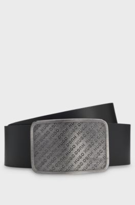 Cintura in pelle con fibbia con placchetta con logo ripetuto, Nero