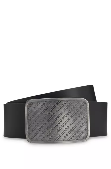 Leather belt with repeat-logo plaque buckle