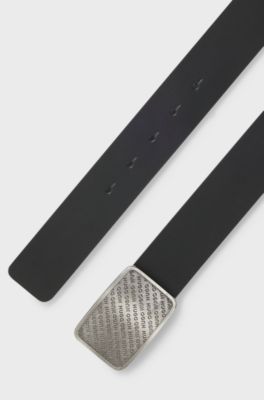 Cintura in pelle con fibbia con placchetta con logo ripetuto, Nero