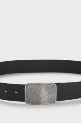 Cintura in pelle con fibbia con placchetta con logo ripetuto, Nero