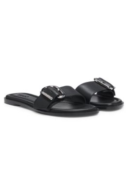Leather slides with logo buckle, Black