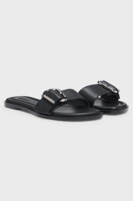 Leather slides with logo buckle, Black