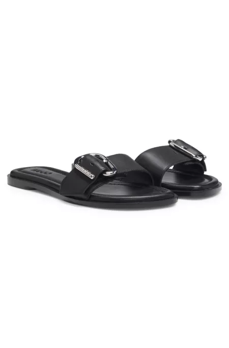 Leather slides with logo buckle