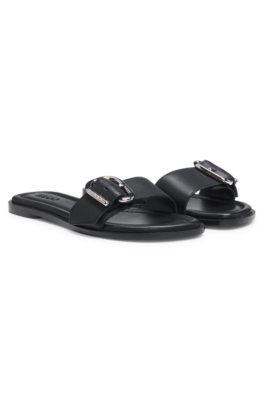 Leather slides with logo buckle