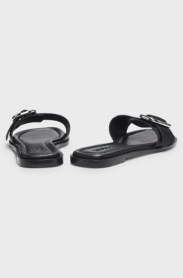 Leather slides with logo buckle, Black