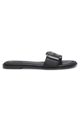 Leather slides with logo buckle