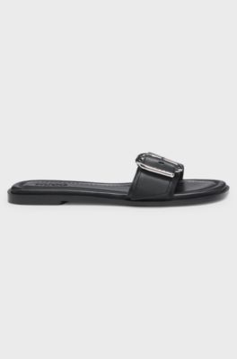 Leren slippers met logogesp, Zwart
