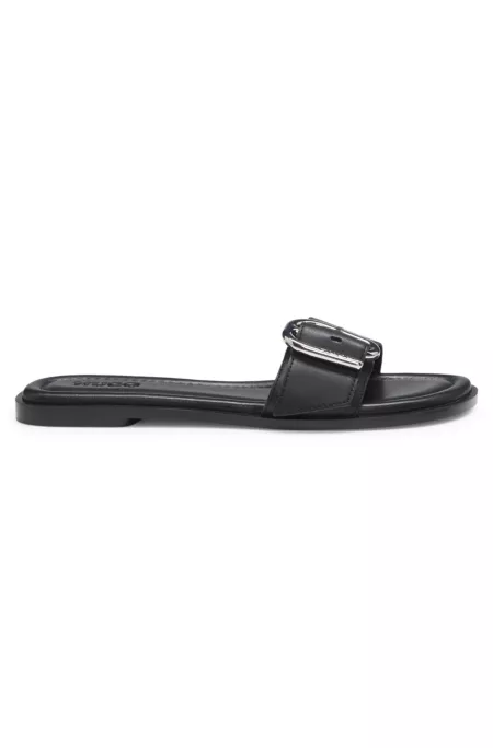 Leather slides with logo buckle