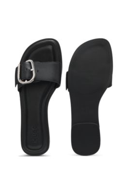 Leather slides with logo buckle