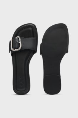 Leather slides with logo buckle, Black