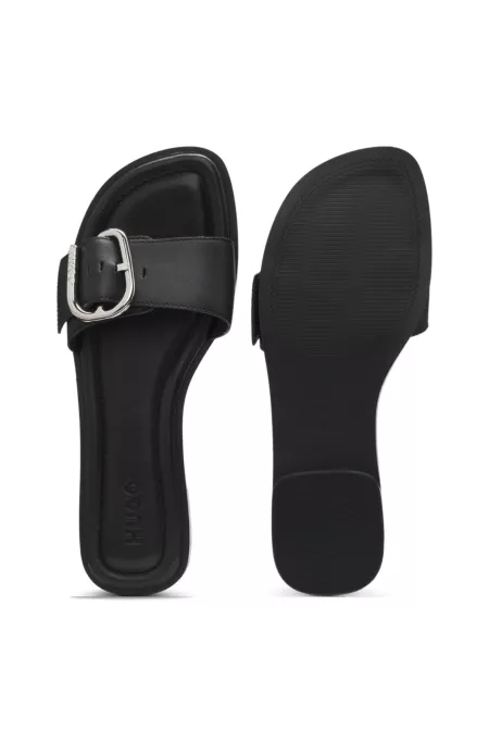 Leather slides with logo buckle