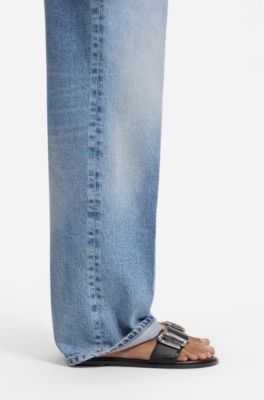 Leren slippers met logogesp, Zwart