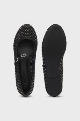 Sparkle-mesh ballerina pumps with buckled strap, Black